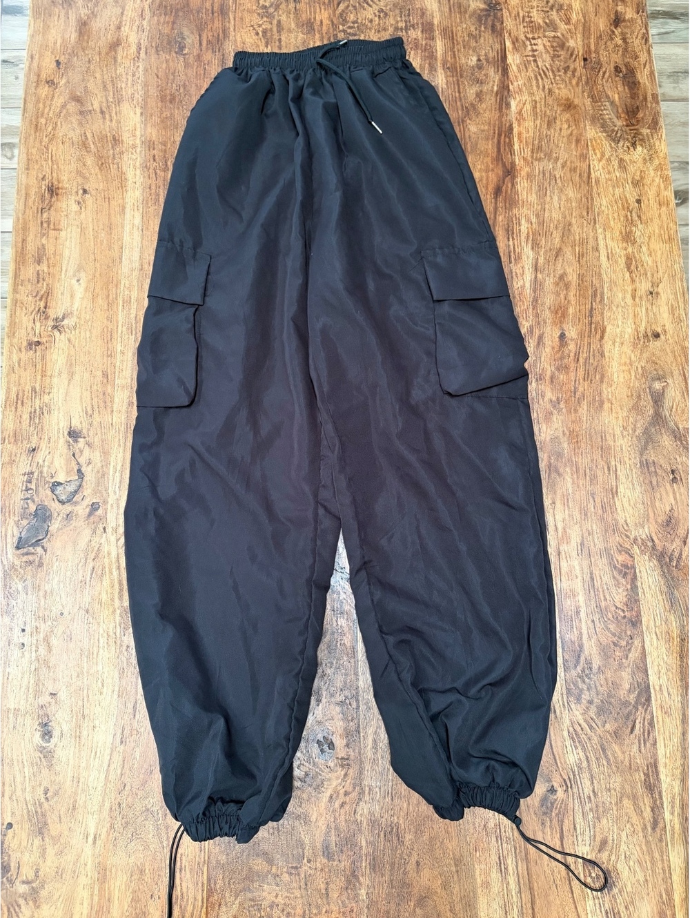 Women’s Black Cargo Jogger Pants Elastic Drawstring Waist and Ankle Cuffs